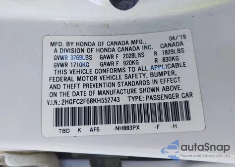 2019 Honda Civic Lx из США, поврежденный, VIN 2HGFC2F68KH552743